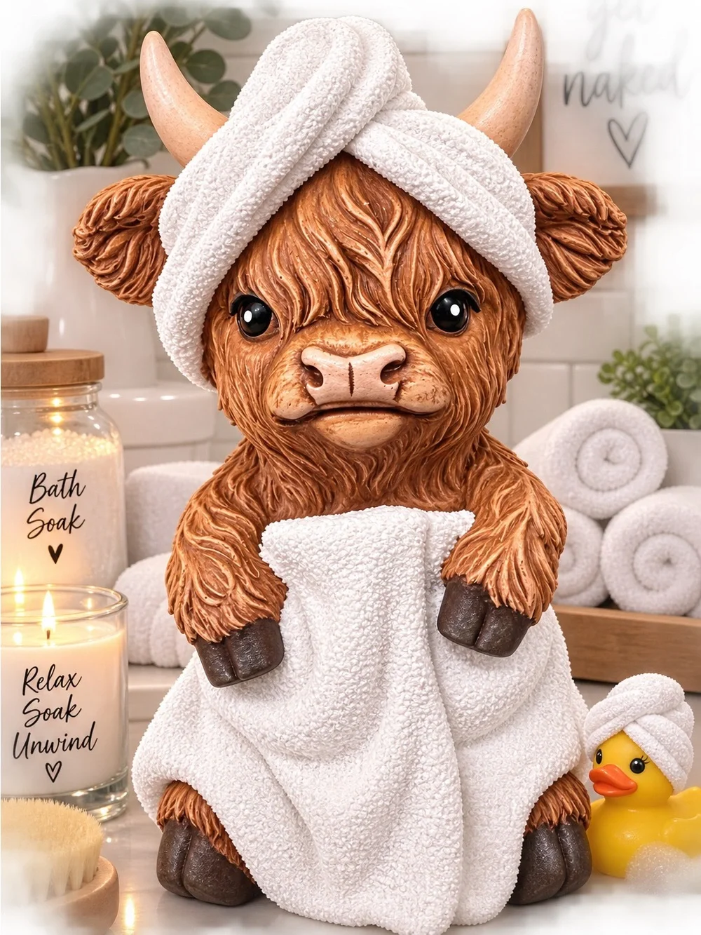 Cute Brown Highland Cow Bath Decor Figurine with White Towel